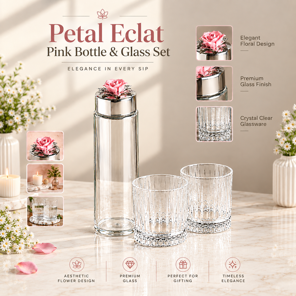 Petal Eclat Pink Bottle & Glass Set