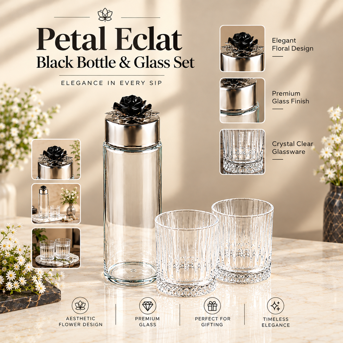 Petal Eclat Black Bottle & Glass Set
