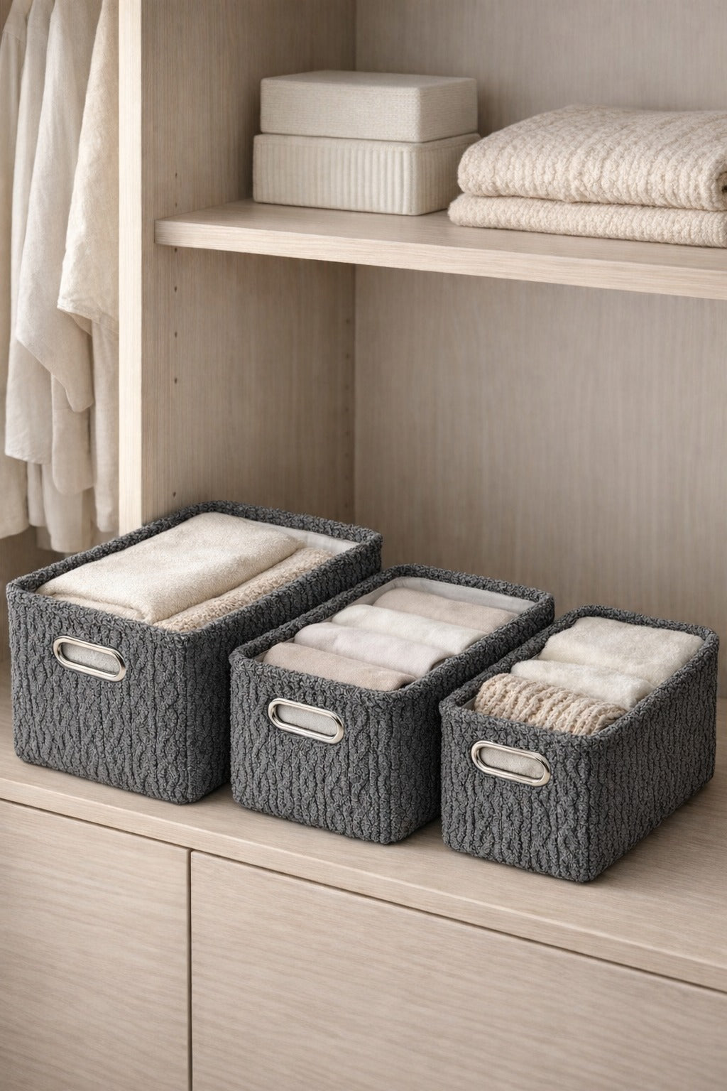 Warm Whirl Ash Grey fabric Storage Basket set of 3